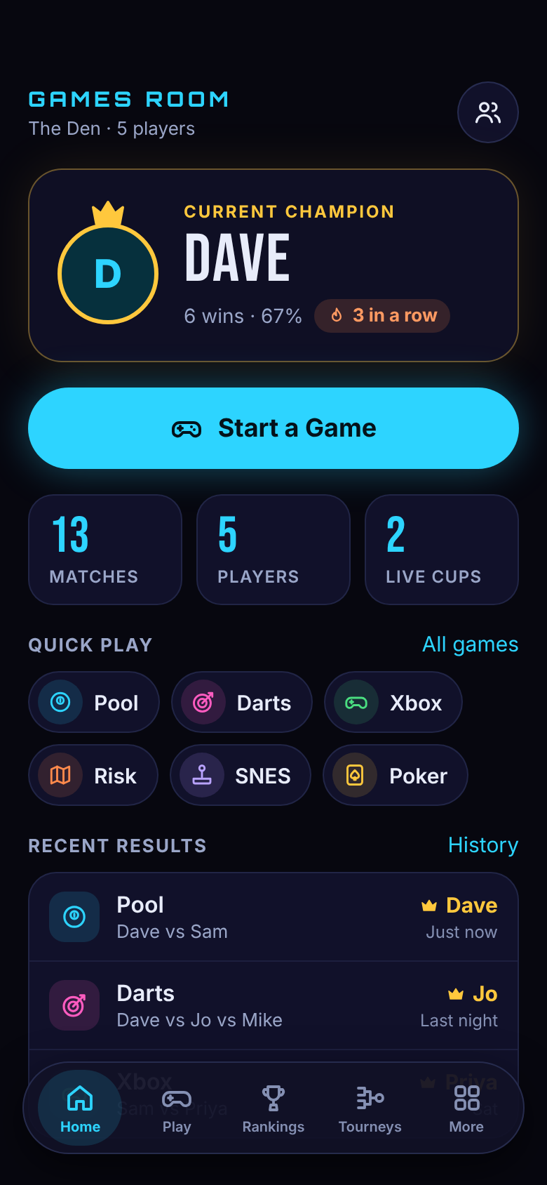 Games Room HQ home screen with Dave as current champion