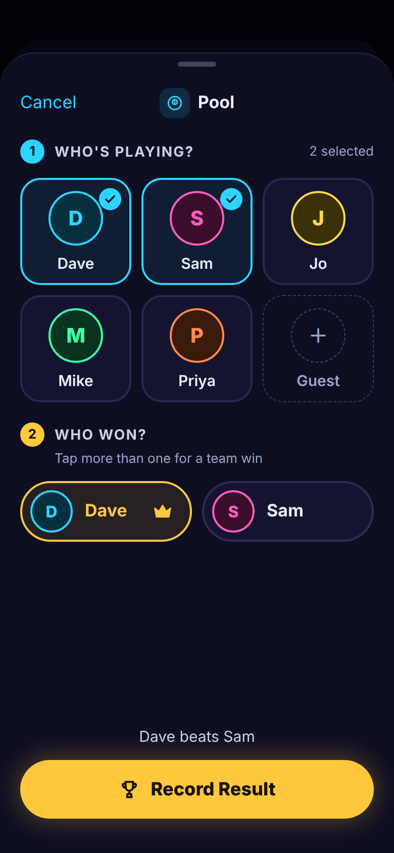Record result screen: who's playing, who won